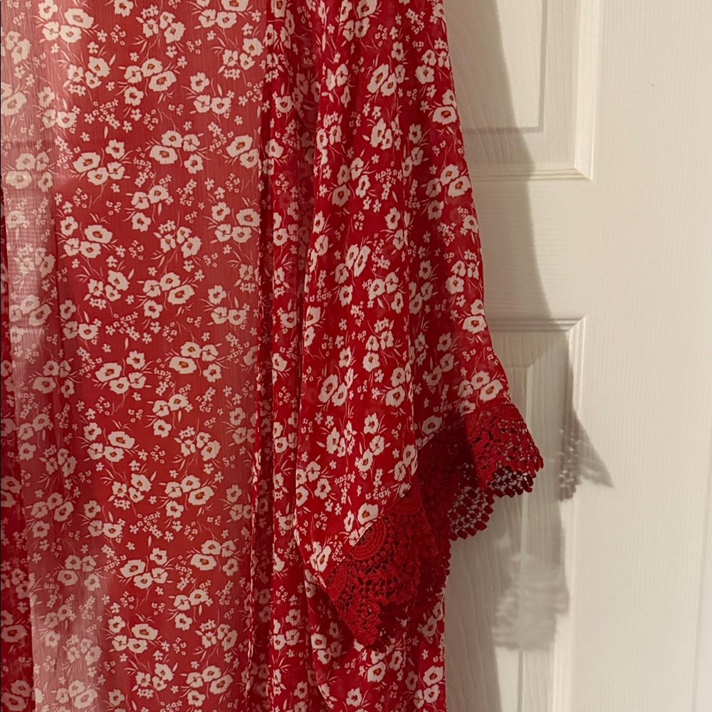 Maurices Red Floral Sheer Kimono Cardigan - Picture 4 of 5